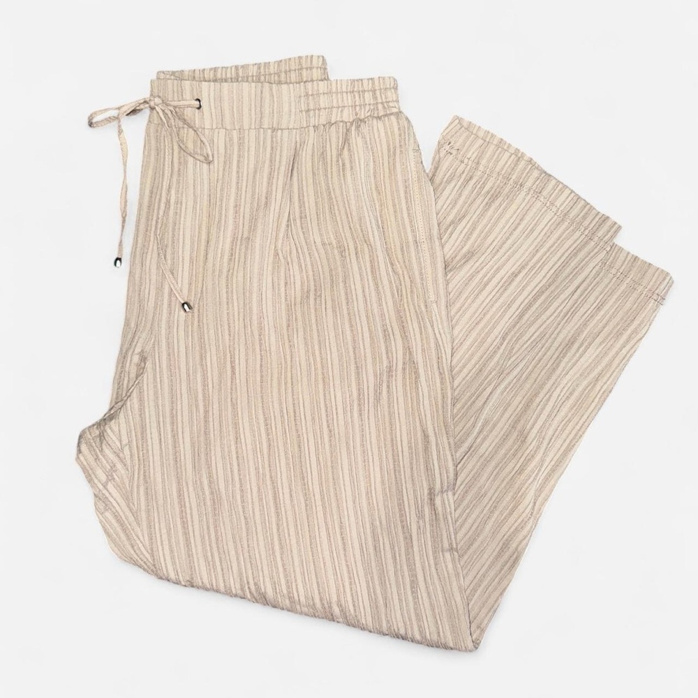 Beige Striped Drawstring Wide-Leg Pants